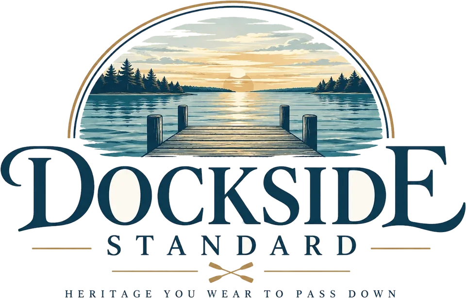 Dockside Standard lockup: a dock at sunset with the words Heritage you wear to pass down