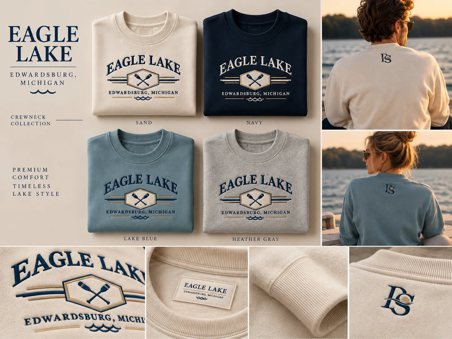 Eagle Lake Crewneck collection in Sand, Navy, Lake Blue and Heather Gray