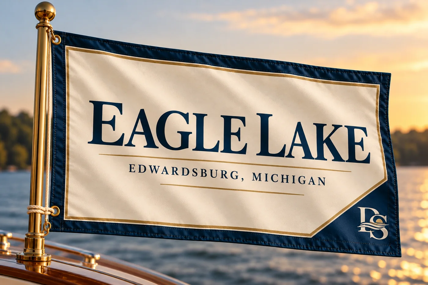 Lakeside Boat Flag on a brass staff: Eagle Lake, Edwardsburg, Michigan, navy border with DS monogram corner