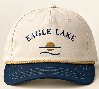 Eagle Lake Rope Hat in Ivory / Navy: arched Eagle Lake and horizon sun embroidery, gold rope