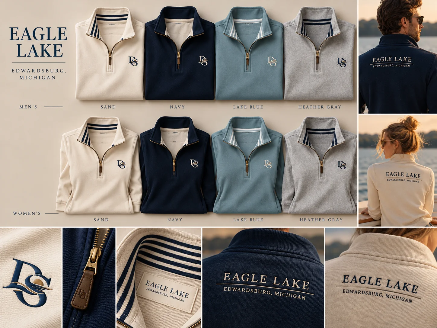 Dockside Quarter Zip collection in Sand, Navy, Lake Blue and Heather Gray, men's and women's