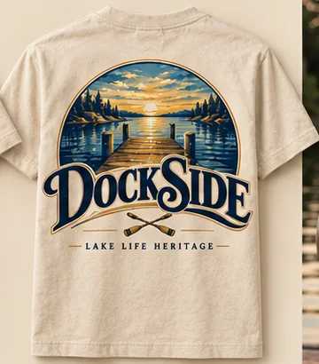 Boxy Tee, back: Dockside dock-at-sunset artwork, Lake Life Heritage