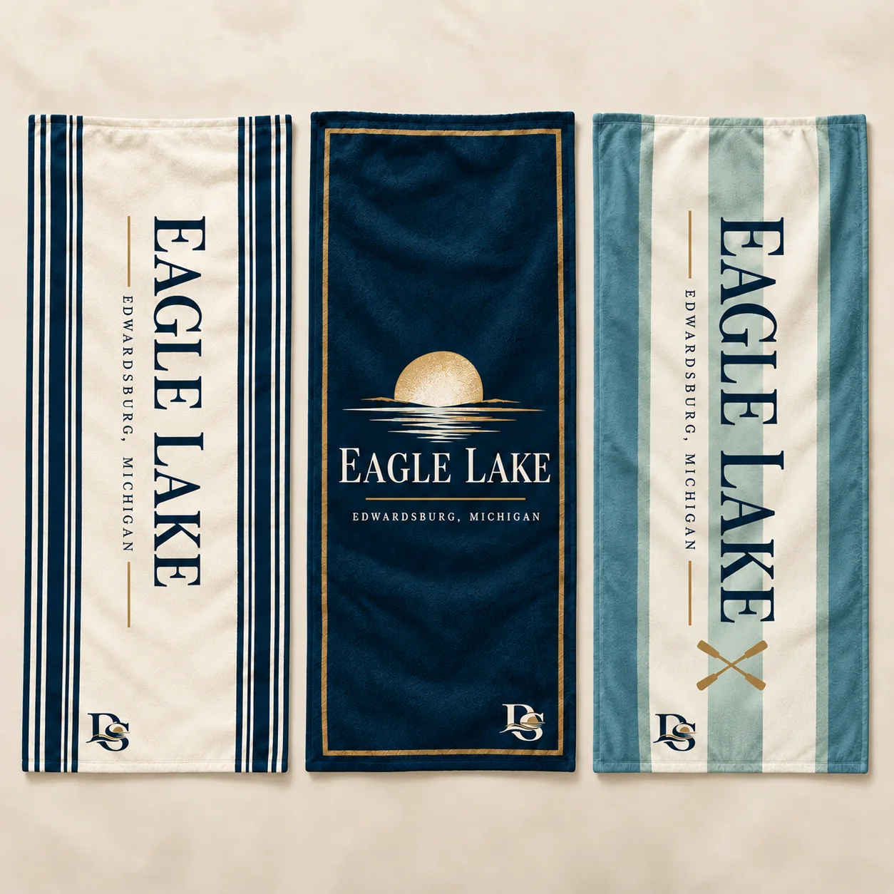 Three Eagle Lake beach towel designs: Navy Stripe, Sunset and Sea Glass